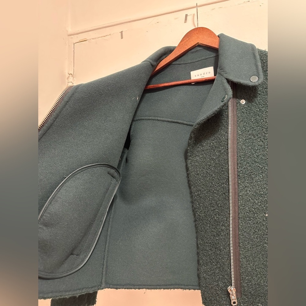 Sandro Paris Wool Moto Green Jacket Coat - Picture 12 of 16